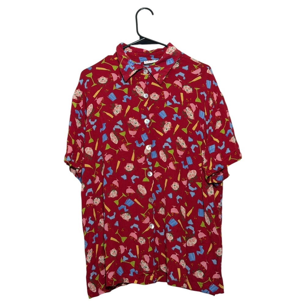 Clio II Vintage 90's Retro Red Martini Cocktail Novelty Print Blouse USA Size 1X
